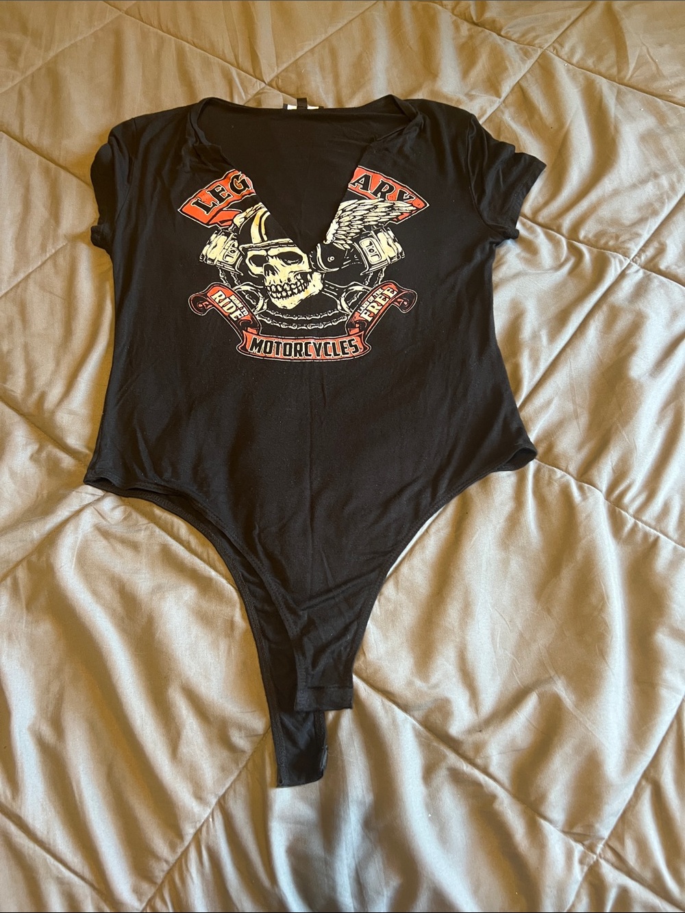 Fashion Nova Black Graphic Womens One-Piece Bodysuit with Motorcycle Skull Print